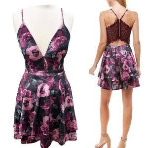 Emerald Sundae Pink and Black Floral Lace-Back Mini Dress